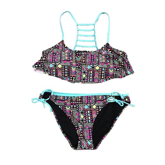 O'RAGEOUS String Bikini Ruffle Racerback Strappy Aztec L Top M Bottom Swimwear - Picture 1 of 12